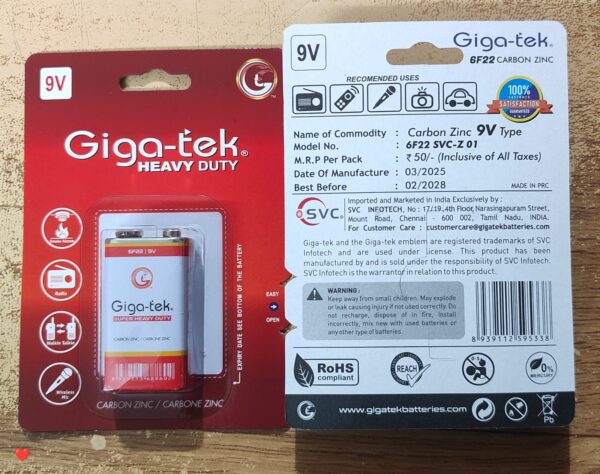 Giga-tek Zinc Chloride 9V Battery Pack of 1 - Image 2